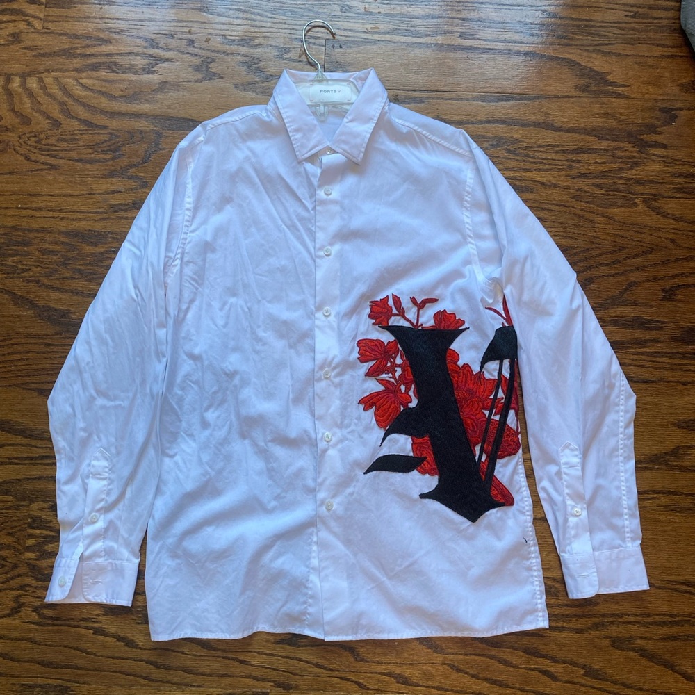 White and Red Casual Button Down Shirt with Asymmetrical Graphic